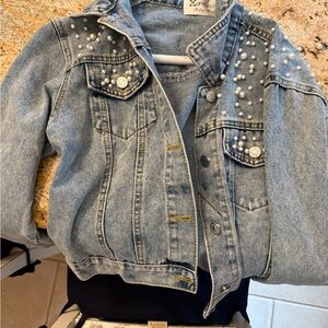 Women's Denim Jacket with Pearl Accents - Light Blue